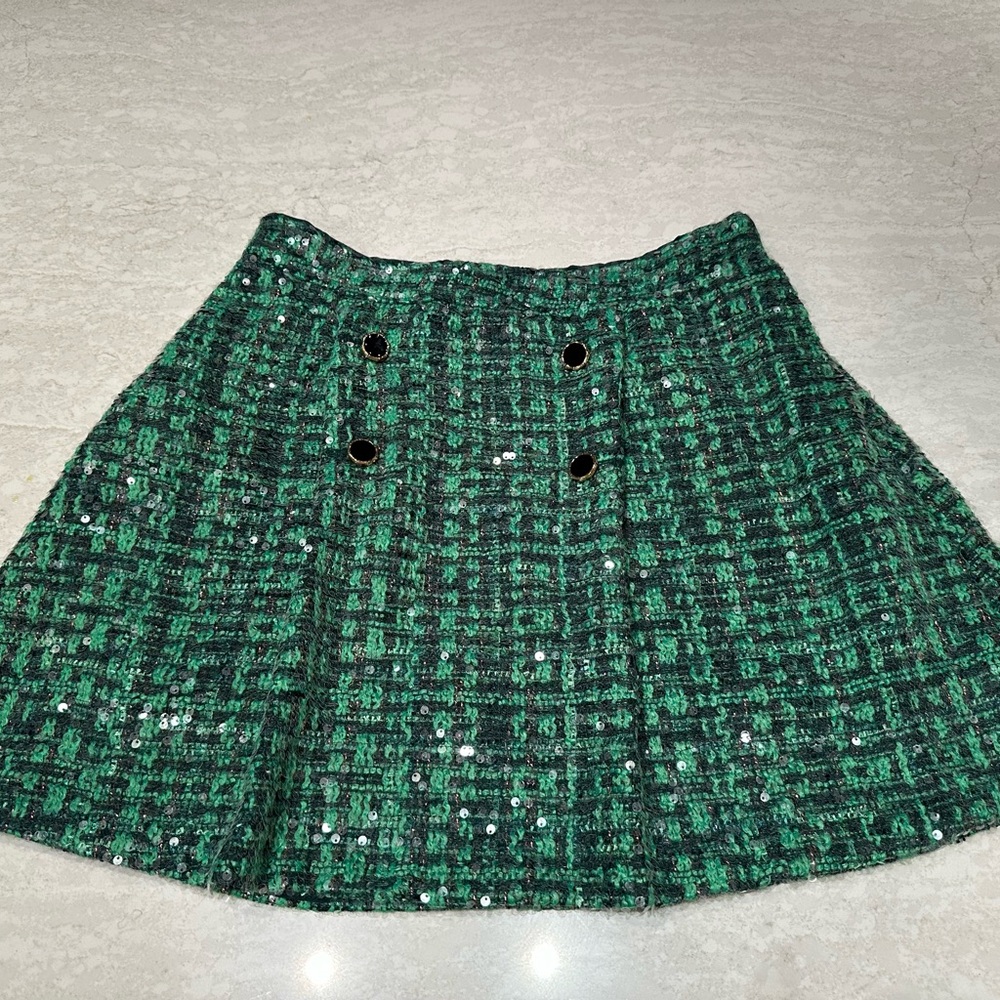 Anthropologie Maeve Sequin Tweed Mini Skirt Green